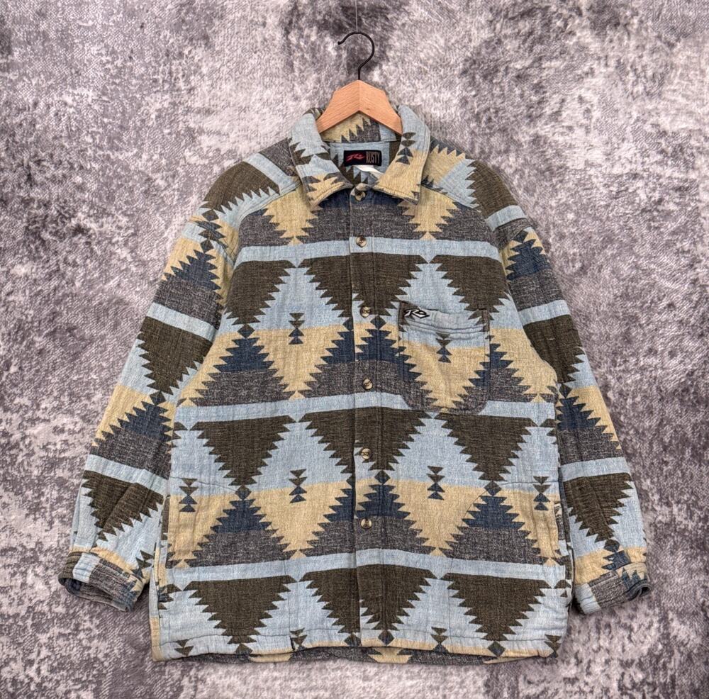 Vintage Rusty Surfboard Shirt Large Mens Aztec Print Heavy Button Shacket
